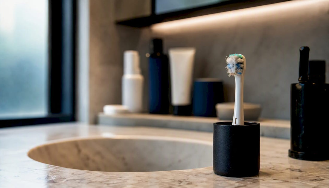Worn electric toothbrush head bristles close-up