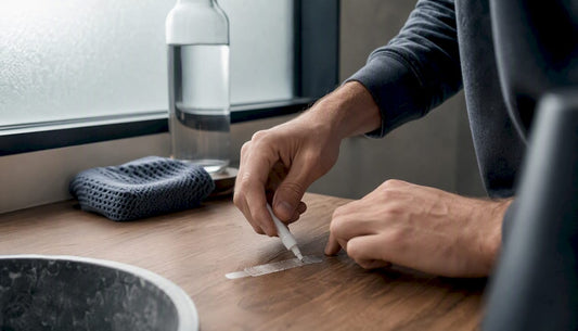 Hands applying teeth whitening strip in bathroom