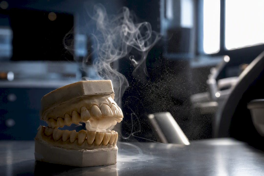 Close-up of cigarette smoke depositing tar on teeth enamel