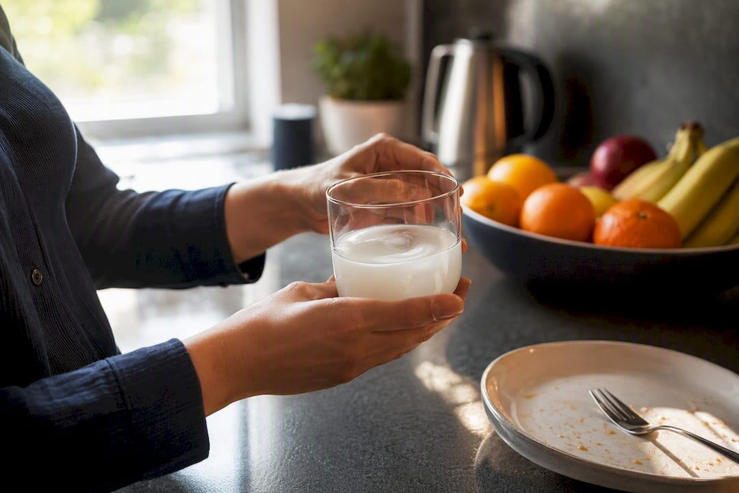 Hands rinsing mouth with water after iced coffee