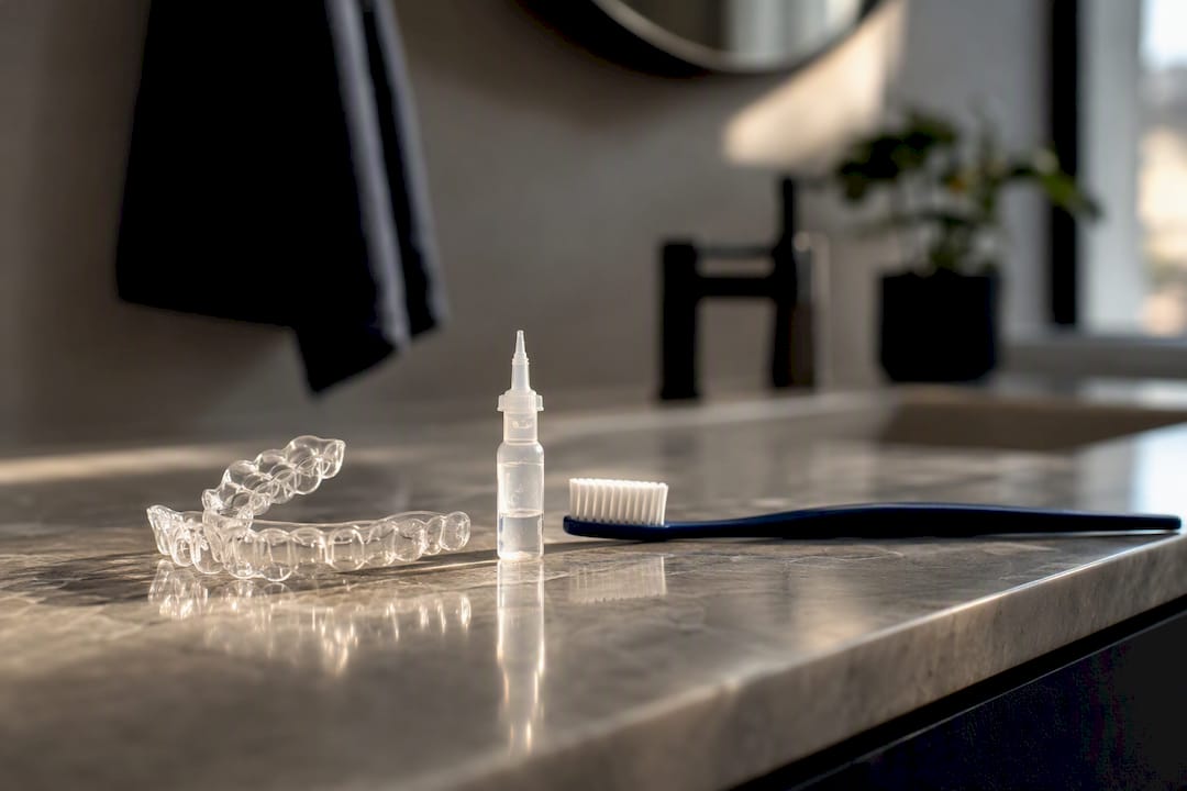 Invisalign trays and whitening gel on bathroom counter