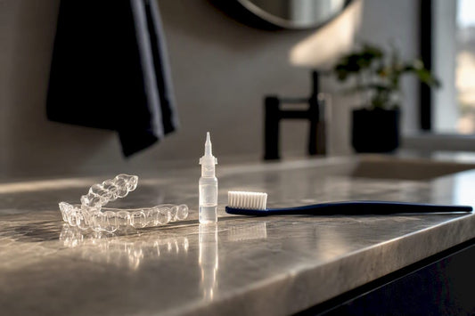 Invisalign trays and whitening gel on bathroom counter