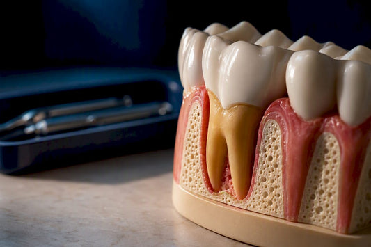 Tooth model showing exposed root surface