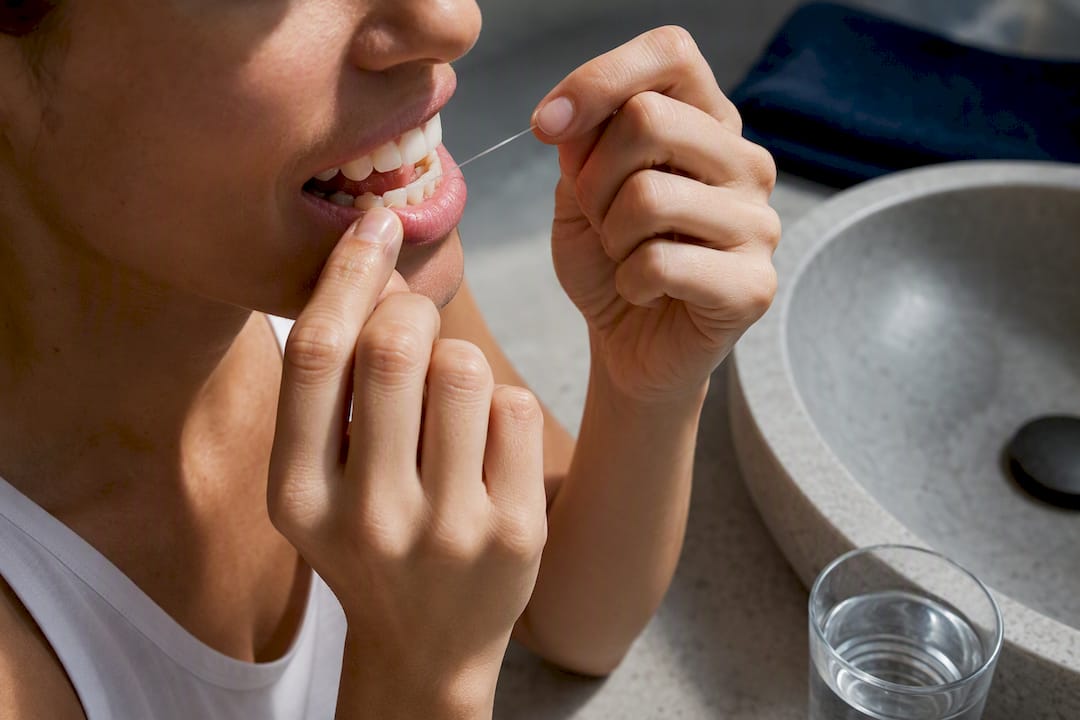 Adult flossing between back teeth
