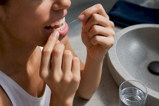 Adult flossing between back teeth