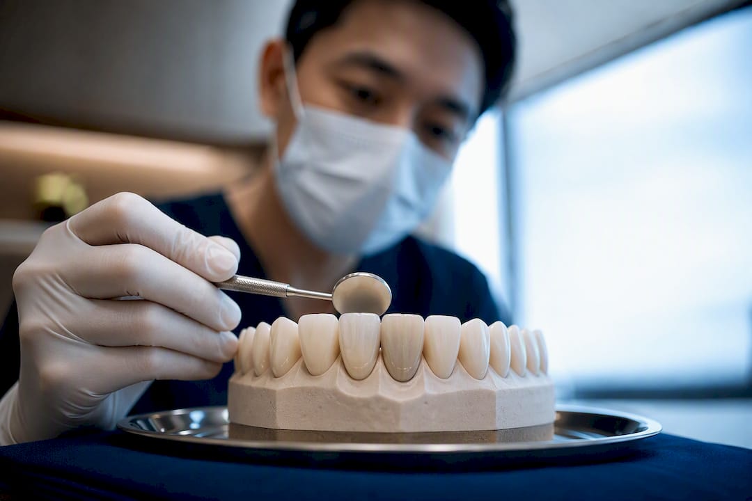 Dentist examining a darker root canal tooth